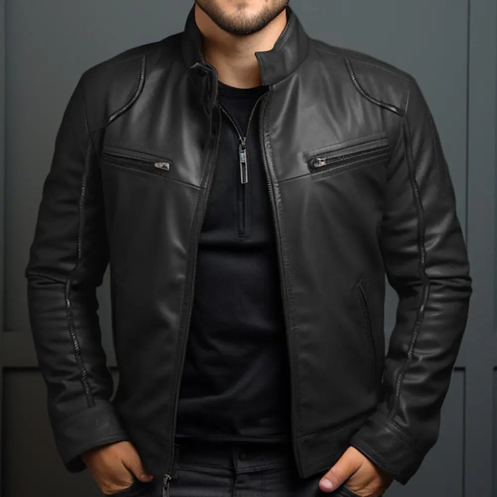 Men's Biker Leather Jacket – Stand-Up Collar Punk Style