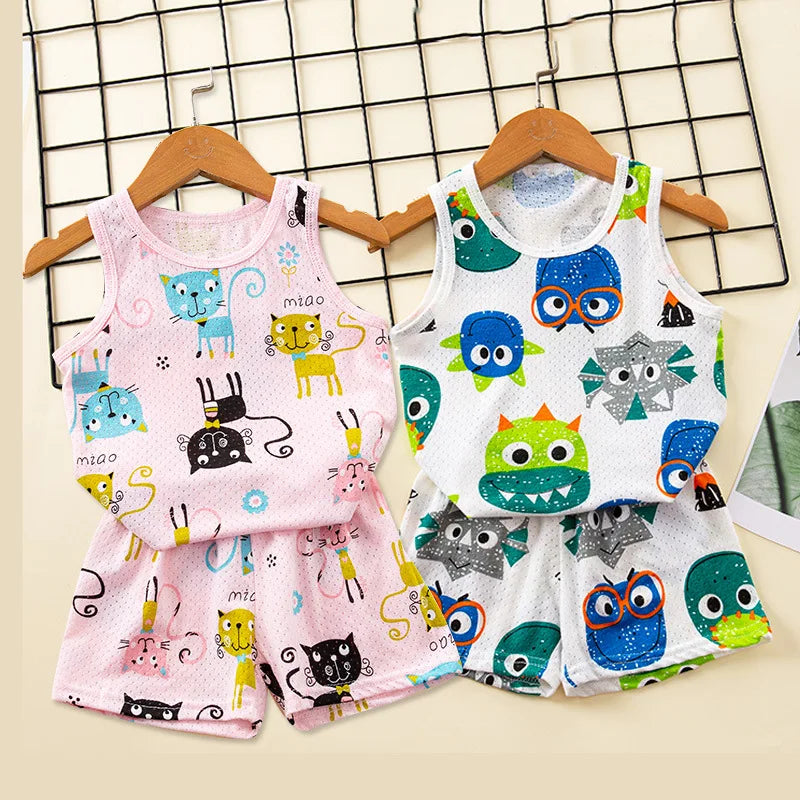 Cat Girls Pajama Sets - Sleeveless Summer Vest & Boys