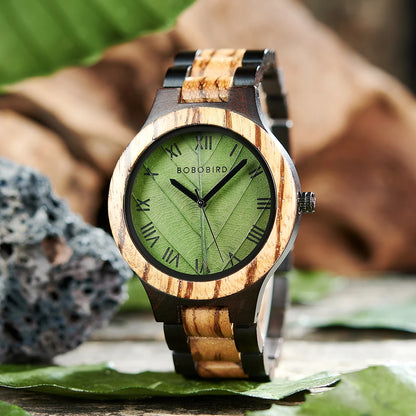 Men's Wooden Quartz Watch with Genuine Leaf Dial and Gift Box