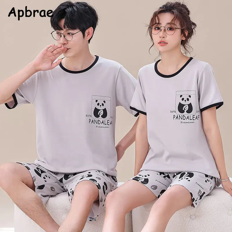 Summer Young Couple's Pajamas - Cartoon Bear Print Cotton Loungewear