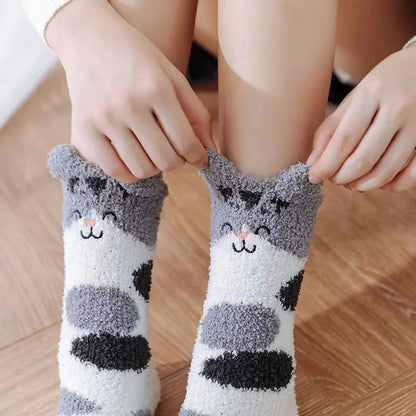 5 Pairs Coral Fleece Socks – Cozy Cartoon Patterned