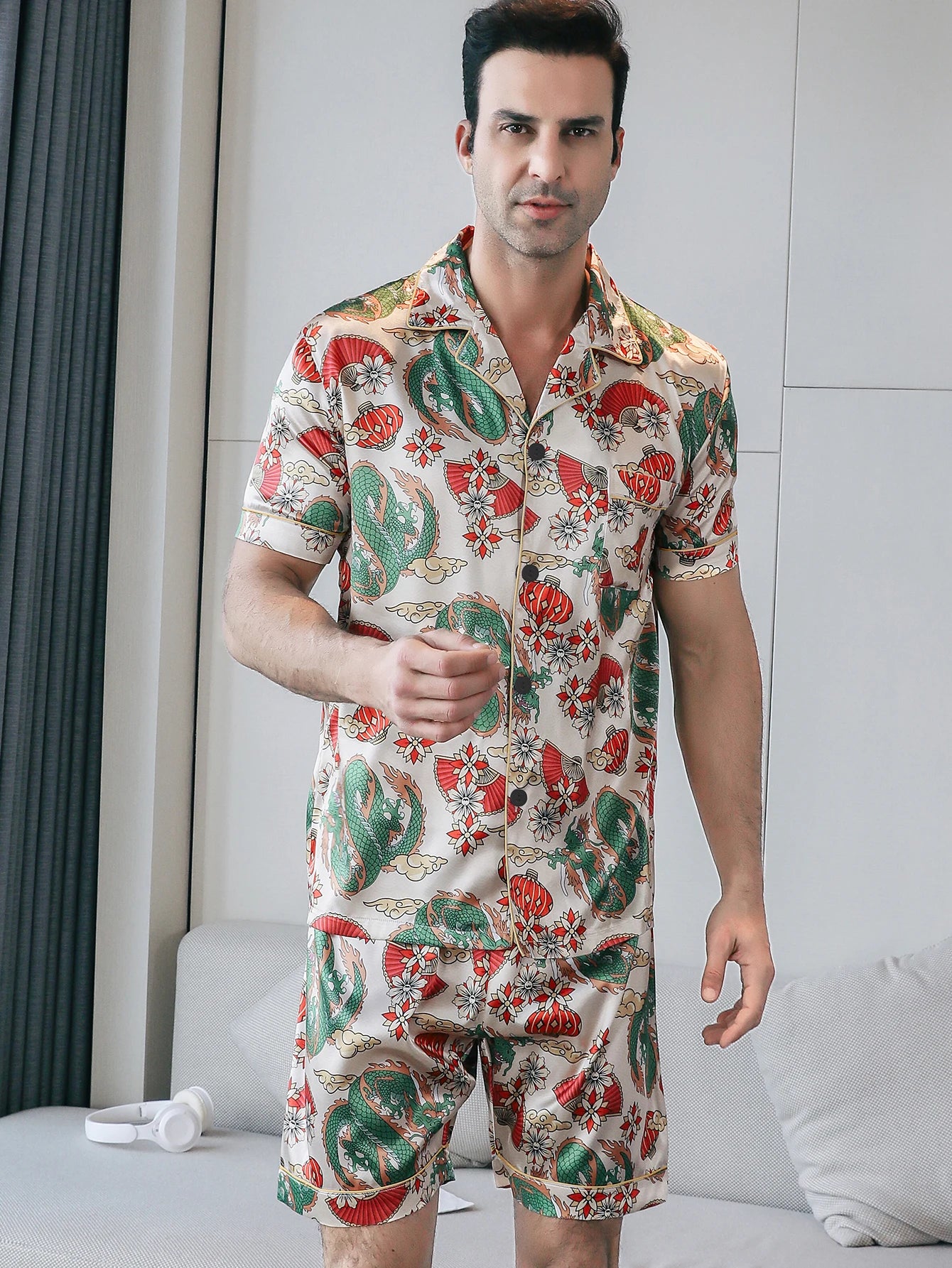 Men's Two-Piece Pajama Set – Summer Short-Sleeved Shorts with Dragon Pattern