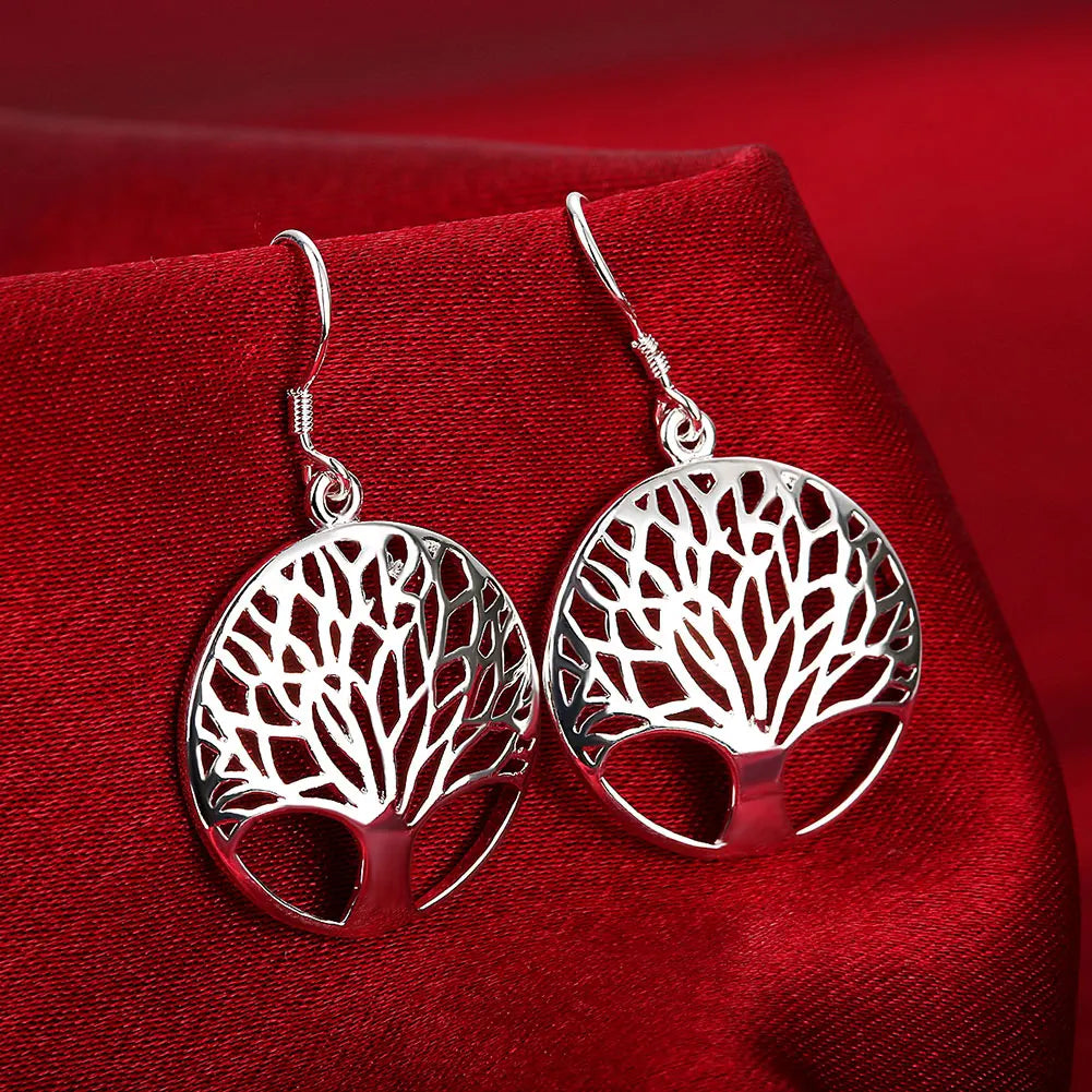 925 Sterling Silver Hollow Round Tree Drop Earrings