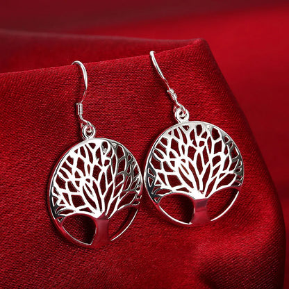 925 Sterling Silver Hollow Round Tree Drop Earrings