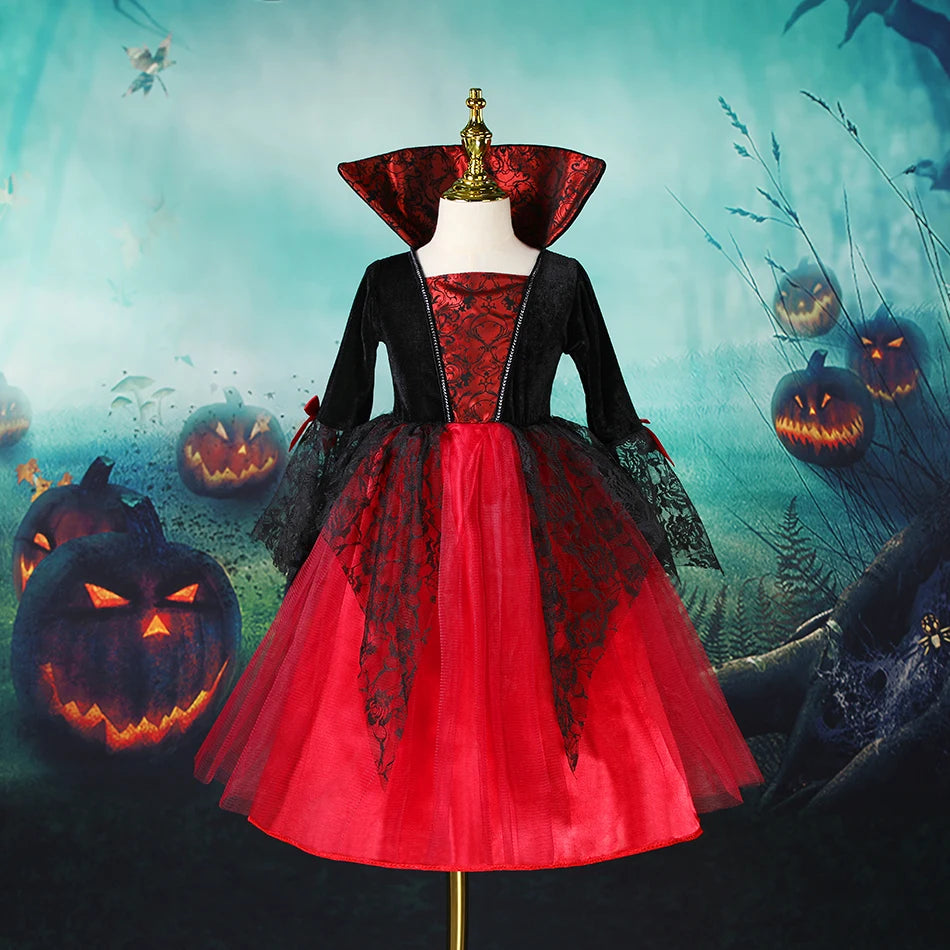 Girls Vintage Gothic Vampire Costume - Tulle Halloween Dress (3-12Yrs)