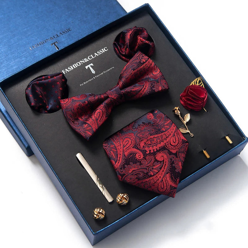 Silk Tie Set with Handkerchief, Cufflinks, and Bow Tie Clip