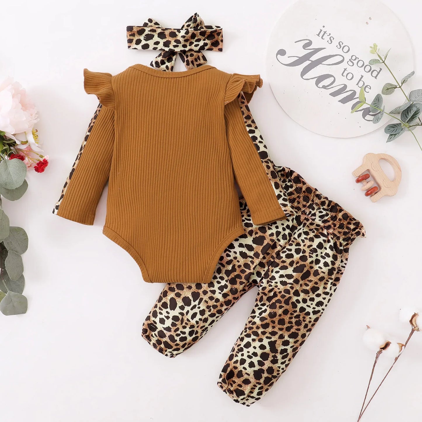 3-Piece Baby Girl Clothes Set - Ruffled Romper, Bow Top & Leopard Pants