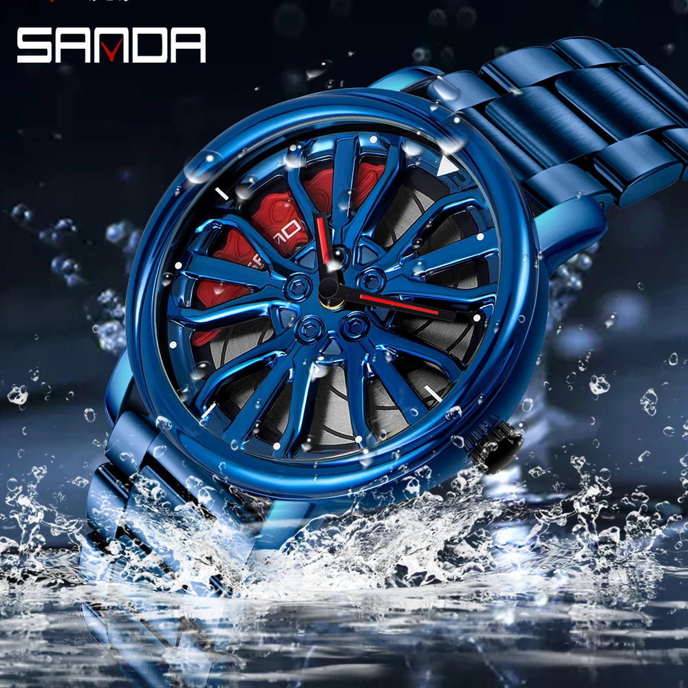 Sporty Men’s Car Rim Wristwatch - 360° Rotating Wheel Dial