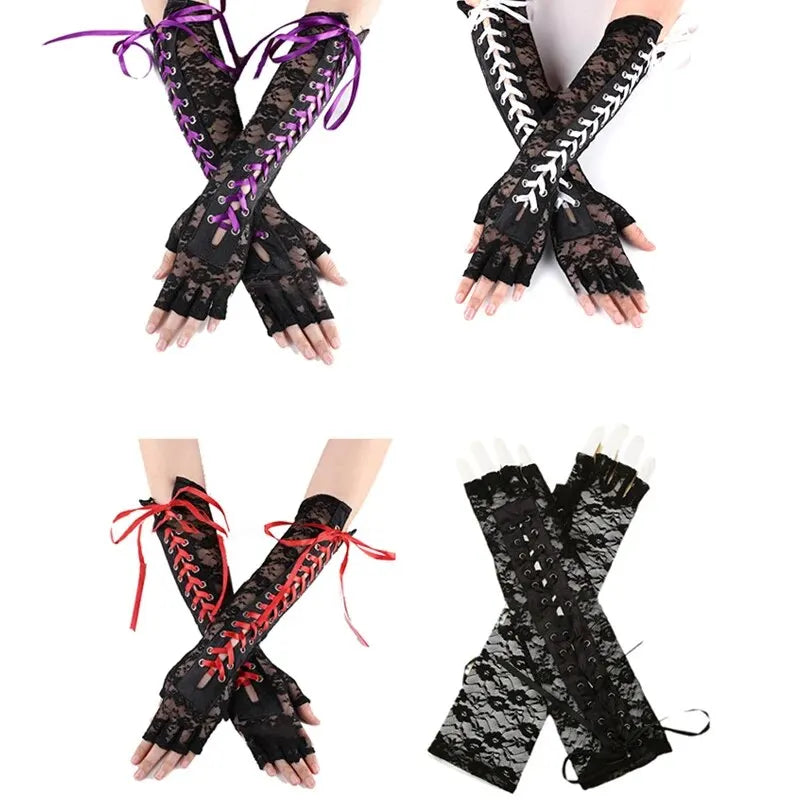 Women's Punk Half Finger Lace-Up Gloves for Halloween Party