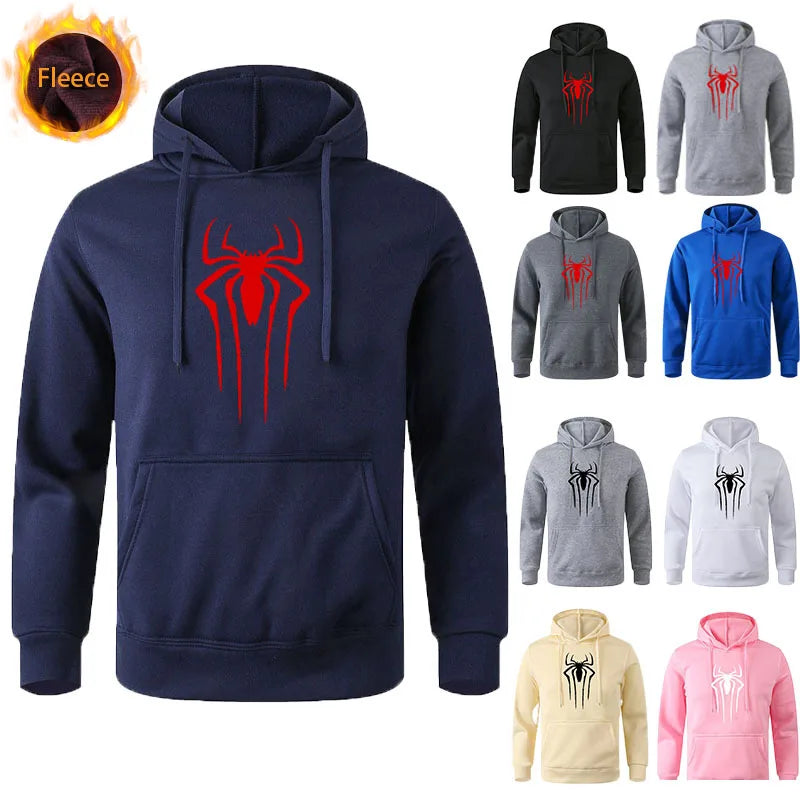 Fleece Warm Men's Hoodie | Street Spider Print Sweatshirt