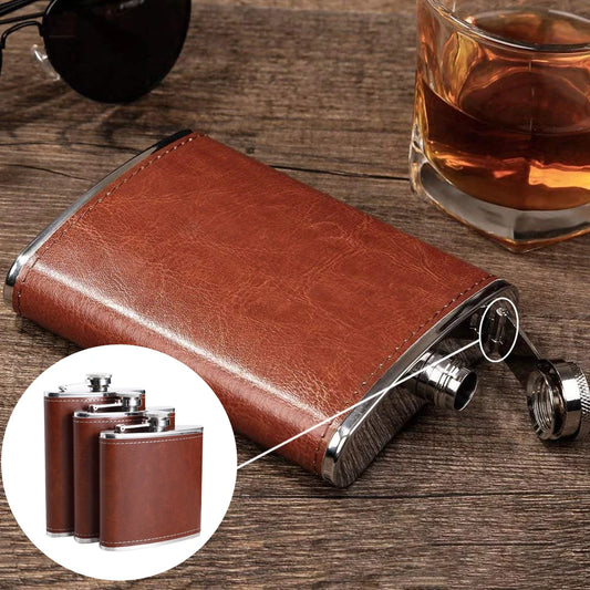 Luxury Brown Leather Pocket Hip Flask – 6/7/8 oz Stainless Steel Whiskey Flask