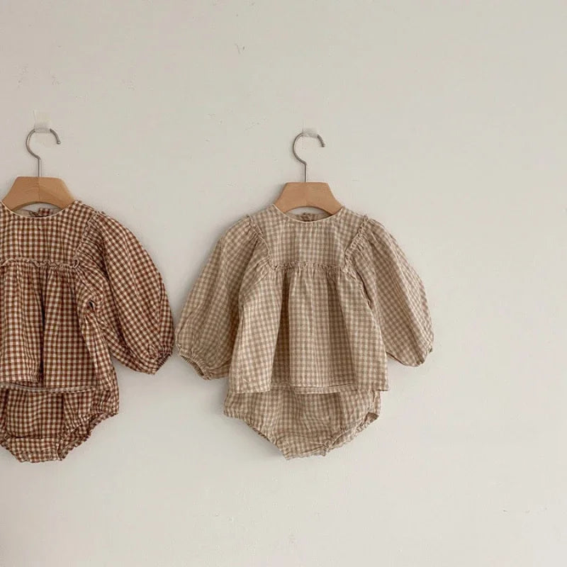 Infant Toddler Girls' Plaid Blouse & PP Shorts Set | 100% Cotton Outfit