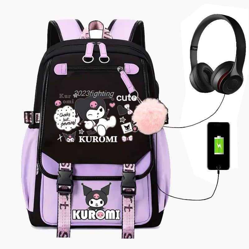 Purple Kuromi Melody School Bag | USB Laptop Backpack for Women & Men