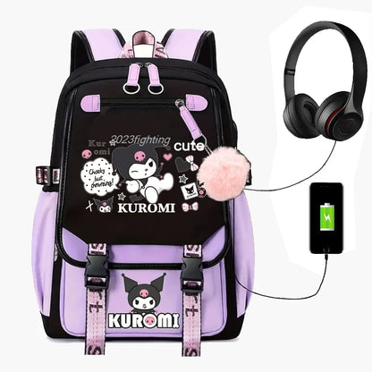 Purple Kuromi Melody School Bag | USB Laptop Backpack for Women & Men