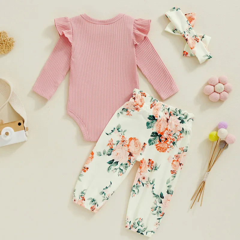 Baby Girl Floral Bodysuit & Pants Set with Headband