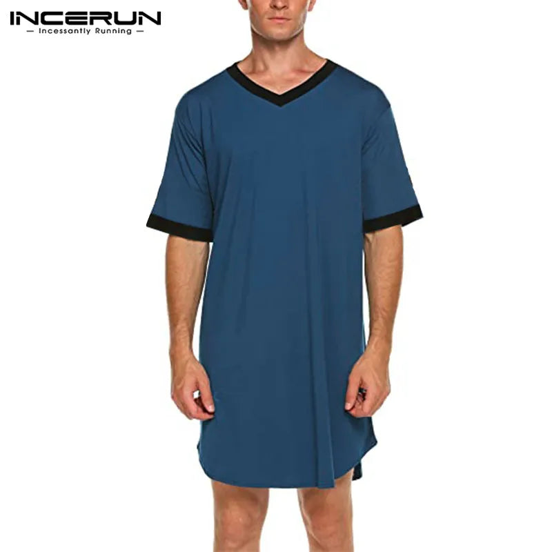 Men's Patchwork Sleep Robe - V-Neck Short Sleeve Nightgown