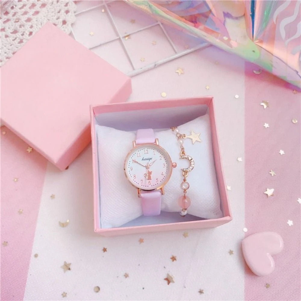 Cute Cat Dial Girls' Watch - Cartoon Quartz Leather Strap Watch for Kids