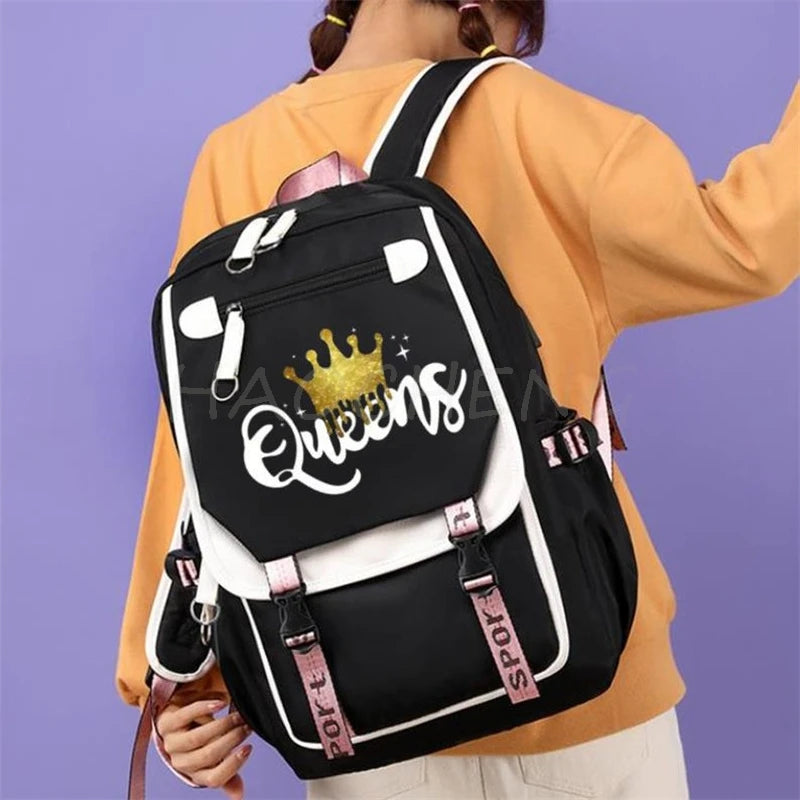 USB Backpack with Golden Queens Print | Canvas Schoolbag for Teens & Women