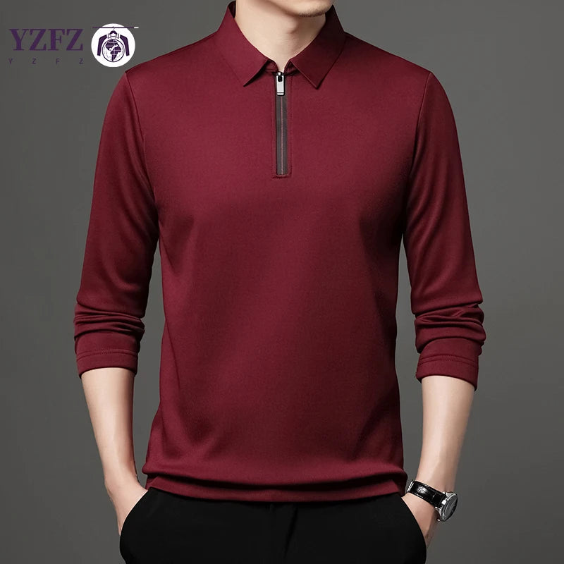 Men's Solid Color Long Sleeve Polo Shirt – Fashion Zipper Neck Top