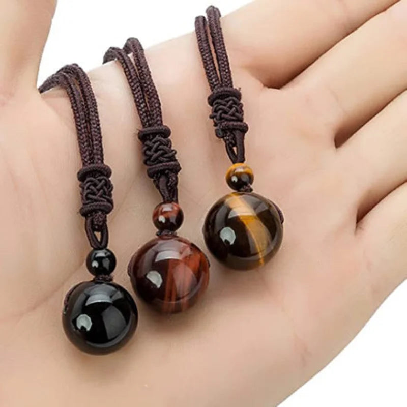 Natural Tiger Eye Stone Necklaces for Men – High Quality Round Beads Pendant Necklaces with Fashion Rope Chain