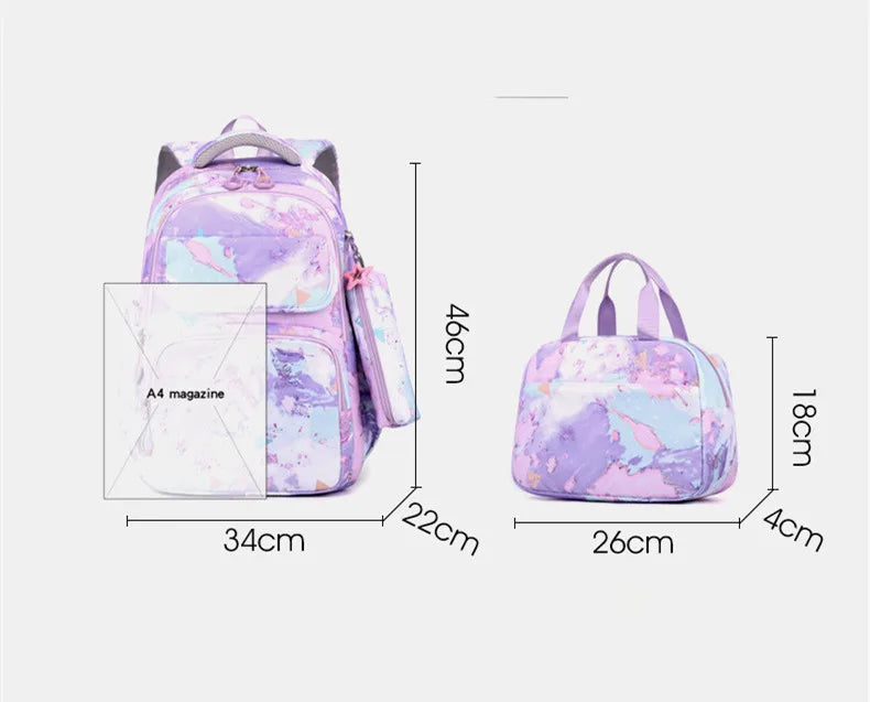 3-Piece Camouflage Kids Backpack Set | Waterproof School Bag for Girls with Free Cartoon Pendant