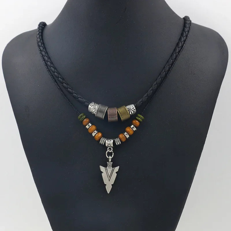 Stacked Artificial Leather Rope Beaded Necklace – Men’s Vintage Layered Tribal Arrow Pendant Jewelry