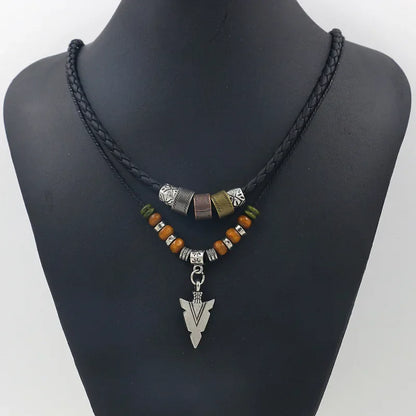 Stacked Artificial Leather Rope Beaded Necklace – Men’s Vintage Layered Tribal Arrow Pendant Jewelry