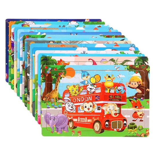 30-Piece Wooden Puzzle – Cartoon Animals & Traffic