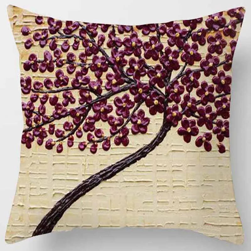 Peach Skin Velvet Oil Painting Tree Flower Pattern Pillow Protector 45x45cm