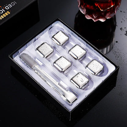 304 Stainless Steel Reusable Ice Cubes - 6 Chilling Stones with Clip