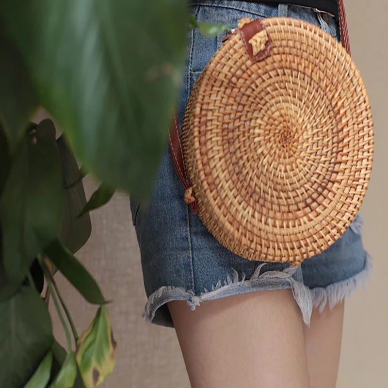 Rattan Woven Shoulder Bag | Round Straw Beach Bag