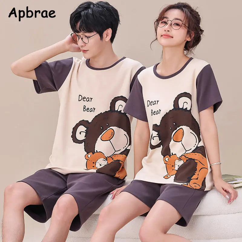 Summer Young Couple's Pajamas - Cartoon Bear Print Cotton Loungewear