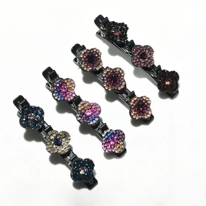 Crystal Stone Braided Hair Clips | Sparkling 3-Flower Accessory