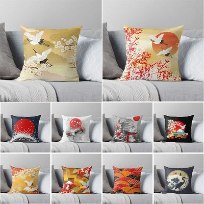 Chinese Style Cushion Cover – Crane Print Peach Skin Pillow Case