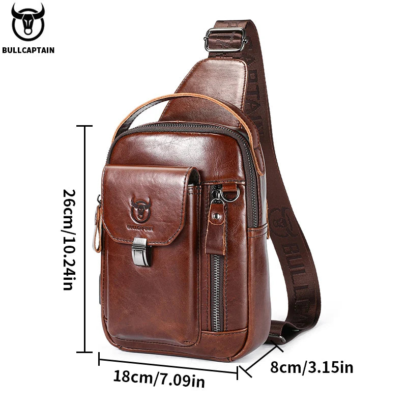 BULLCAPTAIN Men's Genuine Leather Chest Bag - Retro Anti-Theft Crossbody