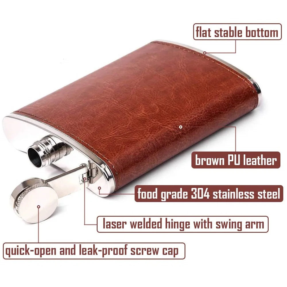 Luxury Brown Leather Pocket Hip Flask – 6/7/8 oz Stainless Steel Whiskey Flask