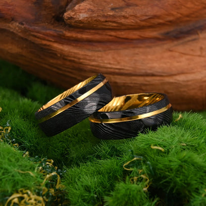 Damascus Steel Ring 8mm Black with Gold-Plated Inner Layer Men's Couple Wedding Ring