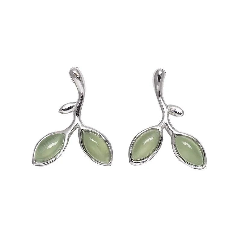 925 Sterling Silver Green Leaf Stud Earrings