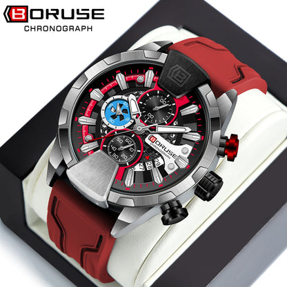 Luxury Red Chronograph Quartz Watch for Men with Silicone Band