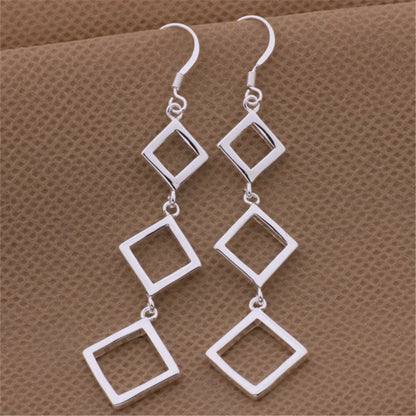 Fashion 925 Sterling Silver Square Rhombus Long Earrings