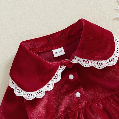 Baby Girl Lace Trim Velvet Romper | Long Sleeve Jumpsuit