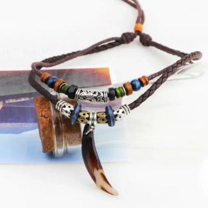 Fashion Men Women's Goth Multi-layer Vintage Wolf Tooth Pendant Leather Beaded Woven Prayer Necklace