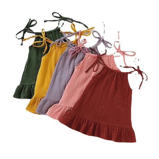 Baby Girl Sleeveless Ruffle Dress – Cotton Linen Muslin A-Line Slip Dress