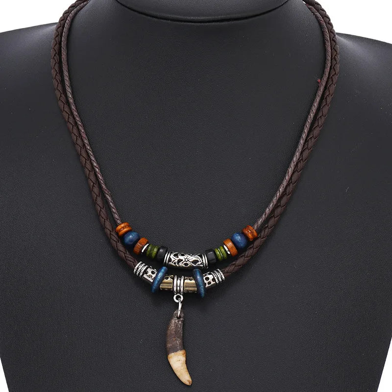 Fashion Men Women's Goth Multi-layer Vintage Wolf Tooth Pendant Leather Beaded Woven Prayer Necklace