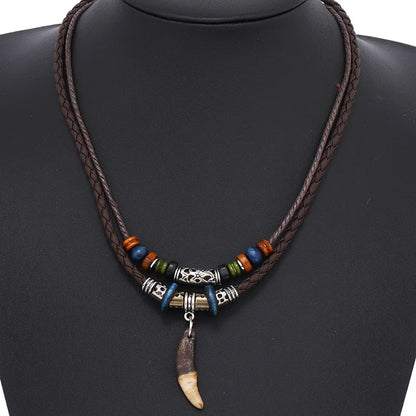 Fashion Men Women's Goth Multi-layer Vintage Wolf Tooth Pendant Leather Beaded Woven Prayer Necklace