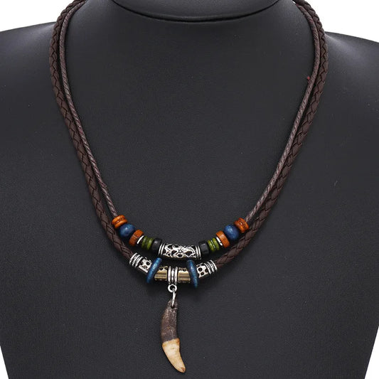 Fashion Men Women's Goth Multi-layer Vintage Wolf Tooth Pendant Leather Beaded Woven Prayer Necklace