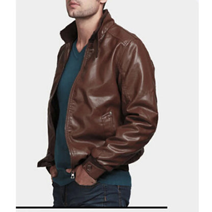 Men's Slim Fit Stand Collar Zipper Leather Jacket