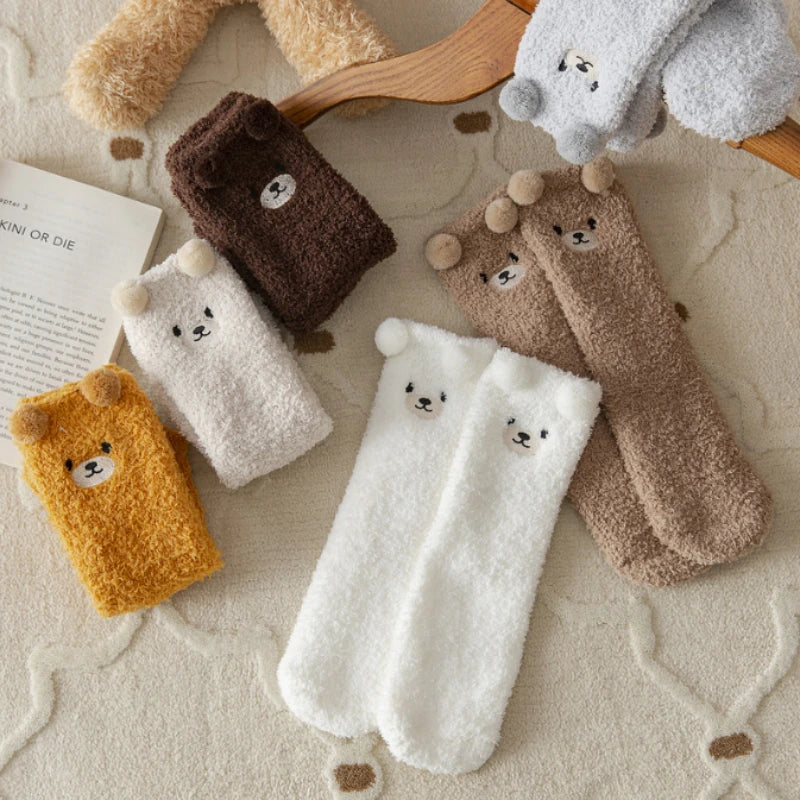 Cute Bear Coral Fleece Fuzzy Socks for Women