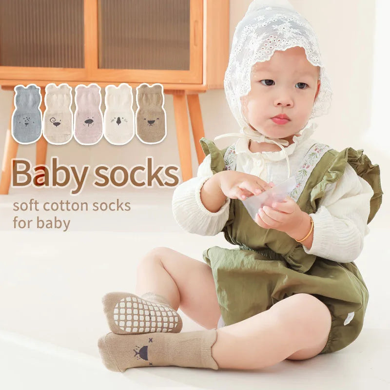 5 Pairs Baby Non-Slip Bottom Socks – Cotton Cartoon Socks