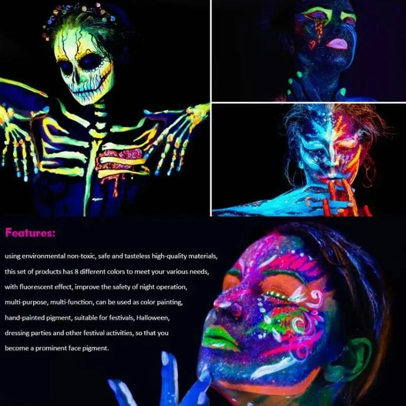 8 Colors Luminous UV Glow Face & Body Paint – Fluorescent Glow